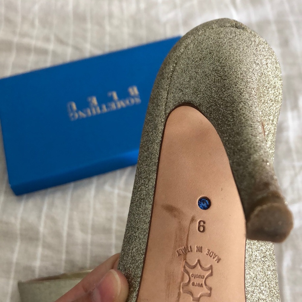 Something Bleu Covered Platform Gold Glitter Heels - image 5